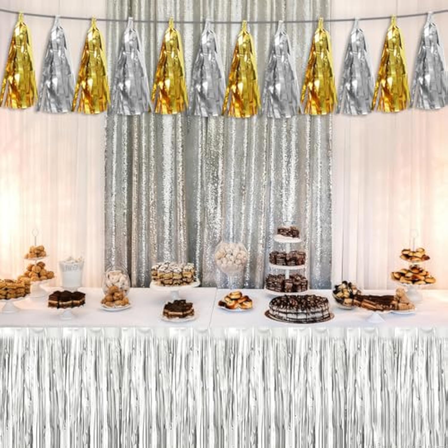 4P Gold Silver Tassel Banner Garland Metallic Foil Fringe Banner Tinsel Tassels Streamer Banner Backdrop For Parade Floats, Graduation Decorations, Father' Day, Halloween, Christmas Decorations