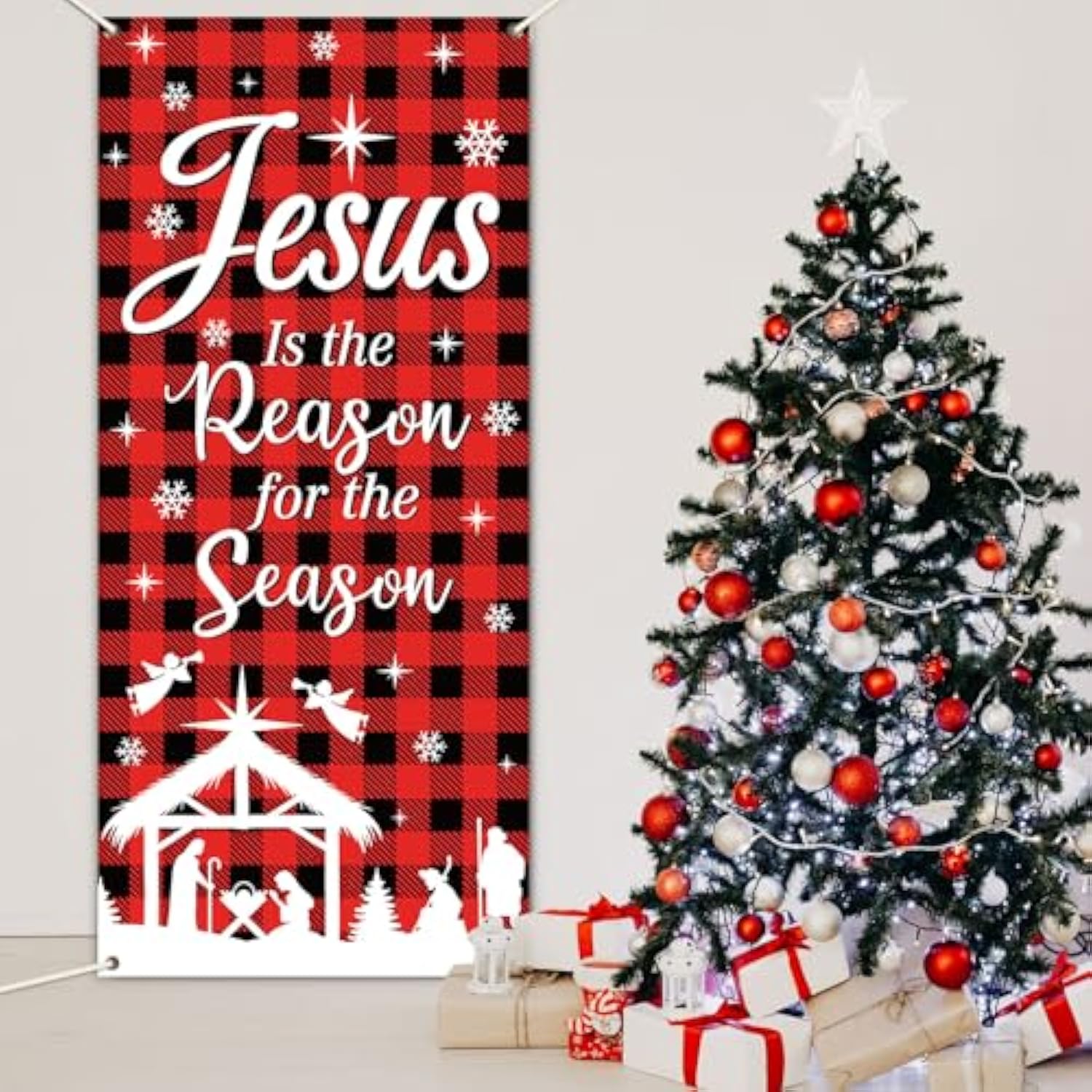 Merry Christmas Door Cover Buffalo Check Plaid Door Decoration Xmas Jesus Is The Reason For The Season Backdrop Nativity Banner Religious Sign For Winter Holiday Outdoor Wall Home Party Supplies