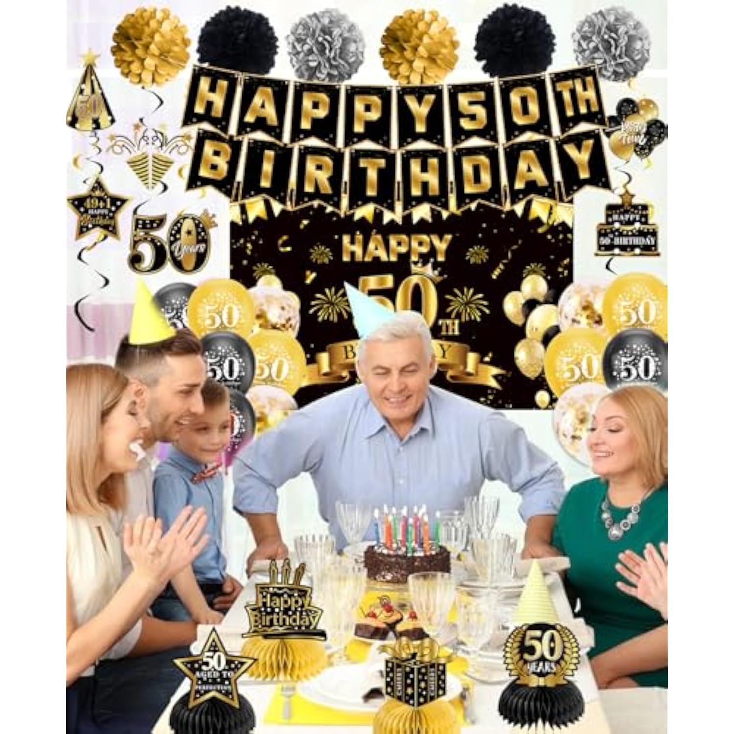 50th Birthday Decorations – Black Gold Banner, Balloons & Party Set