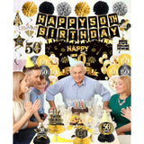 50th Birthday Decorations – Black Gold Banner, Balloons & Party Set