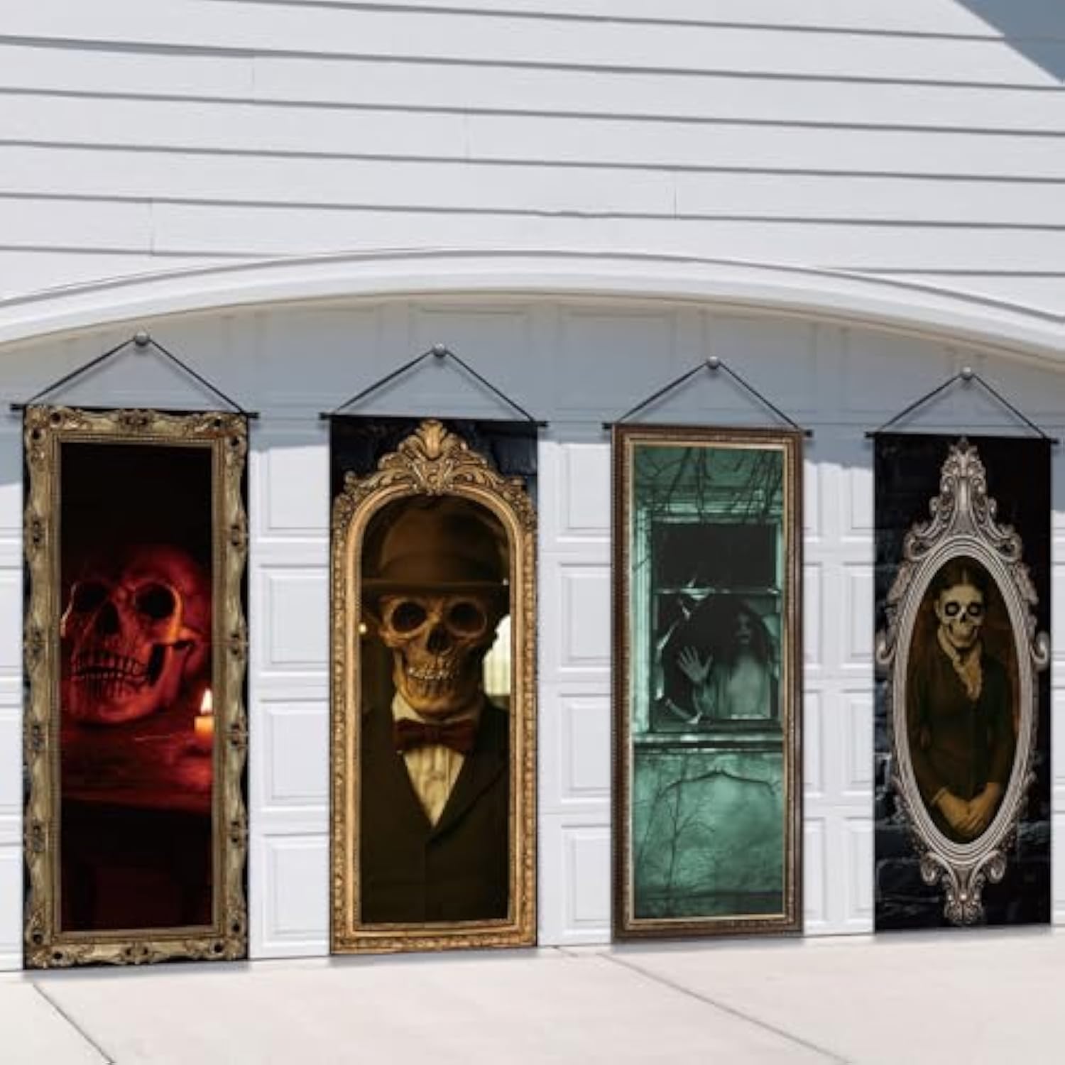 4Pcs Halloween Gothic Banner Haunted Portraits Spooky Porch Sign Backdrop Decorations