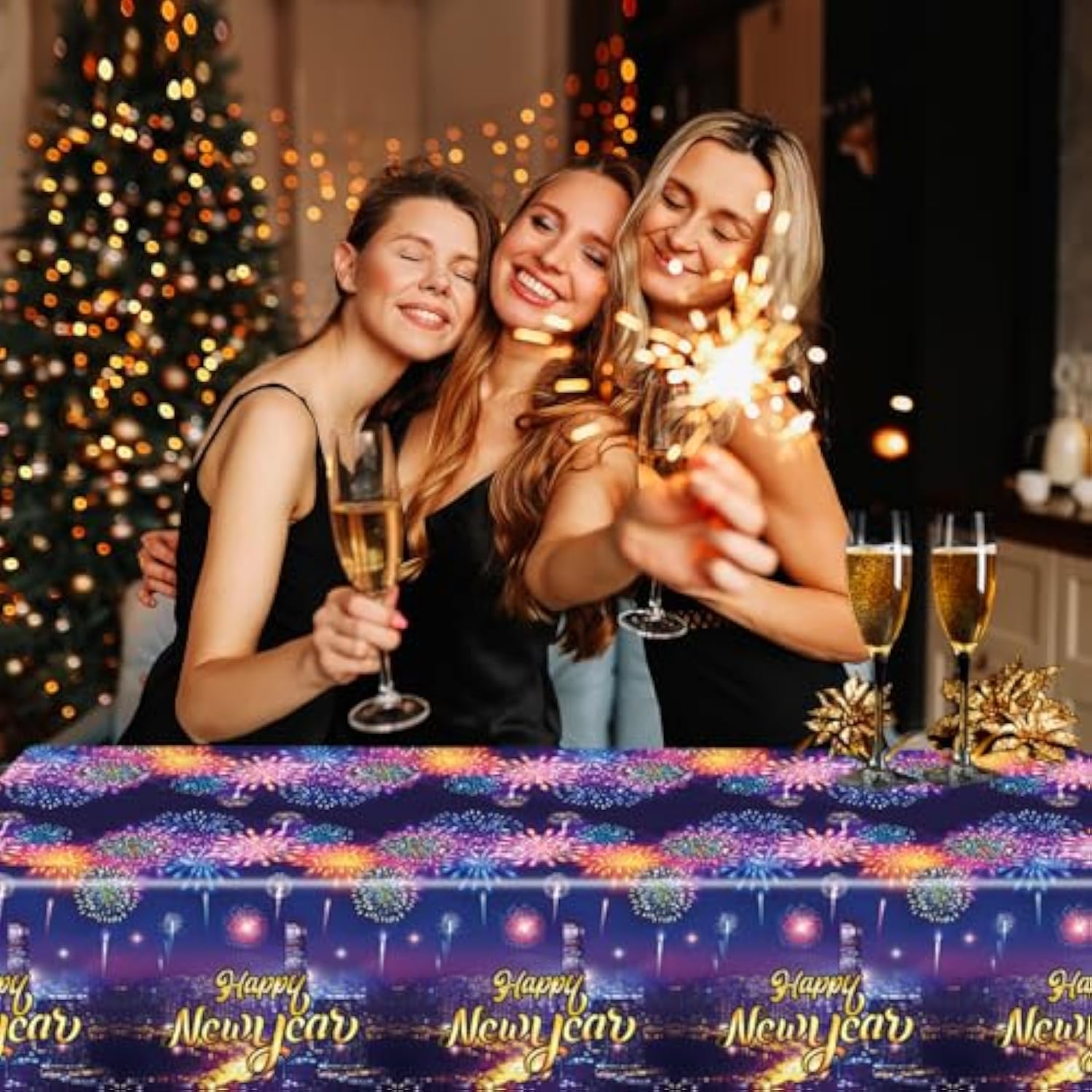 3-Piece Happy New Year 2026 Tablecloth Set 54x87 Inch for Party Decor
