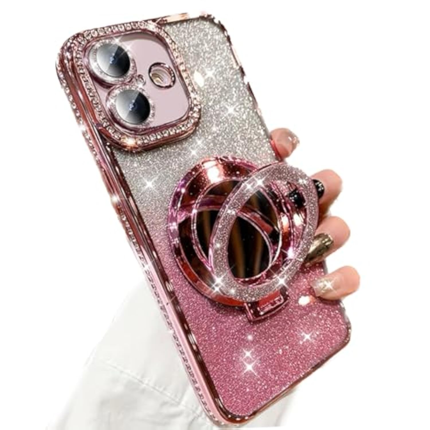 For Iphone 16 Plus Magnetic Glitter Kickstand Case, [Compatible With Magsafe] Girly Woman Makeup Mirror Cute Bling Rhinestones Cover + Camera Protector Ring Stand For Iphone 16 Plus (Pink)
