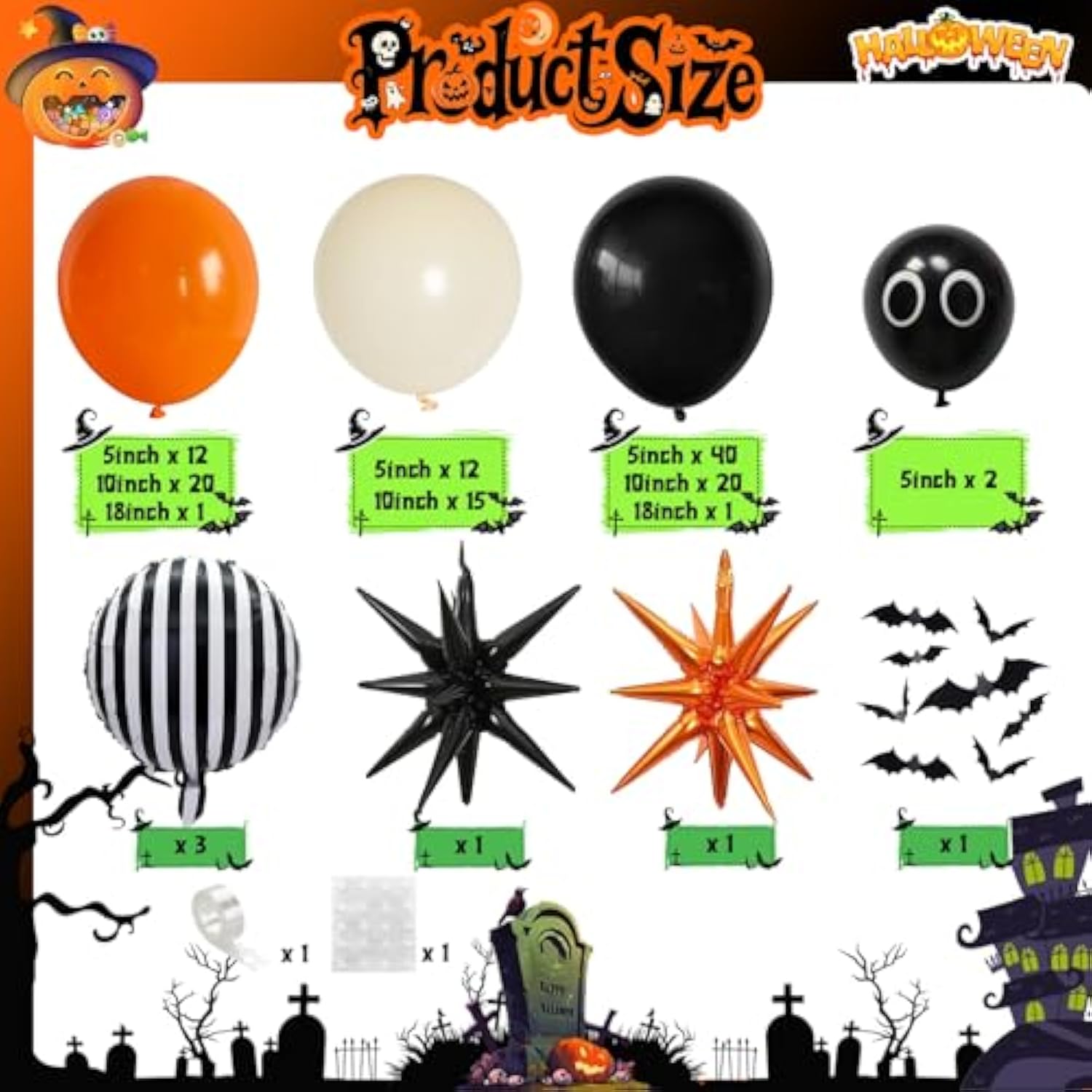 131Pc Halloween Balloon Arch Kit – Orange White Black with Eyeball & Bat Decor