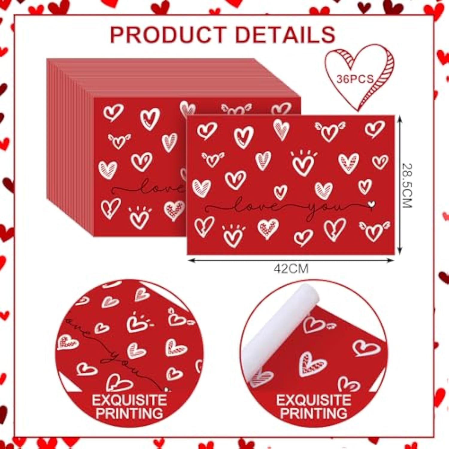 36 Pcs Valentine‘S Day Heart Paper Placemats Disposable 16.5 X 11.8 Inch Red Love Heart Placemat Paper Table Mat For Wedding Valentine Anniversary Party Kitchen Dining Table Decor