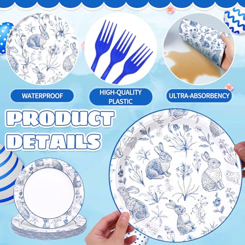 120Pcs Easter Tableware Set Serves 24 Blue White Retro Bunny Rabbit Chinoiserie Floral Paper Plates Napkins Cups Forks Disposable Dinnerware for Spring Bridal Baby Shower Wedding Party