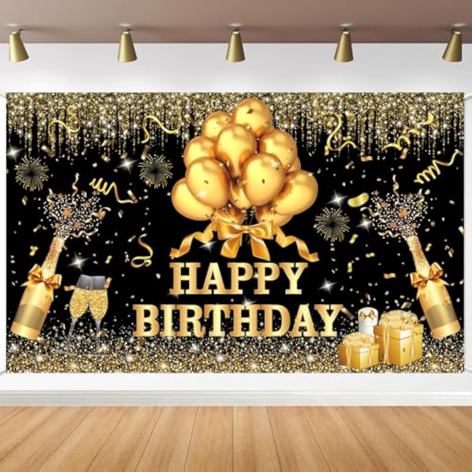 Glitter Black and Gold Happy Birthday Backdrop 180x120 cm for Party Photos