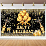 Glitter Black and Gold Happy Birthday Backdrop 180x120 cm for Party Photos