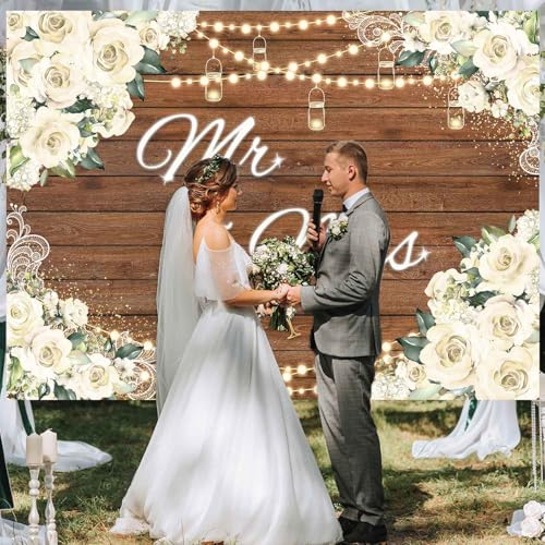 Mr and Mrs Bridal Shower Backdrop for Wedding Party Decorations White Floral Rustic Wooden Photography Background Bride to Be Engagement Proposal Anniversary Banner Photo Booth Props 7x5ft