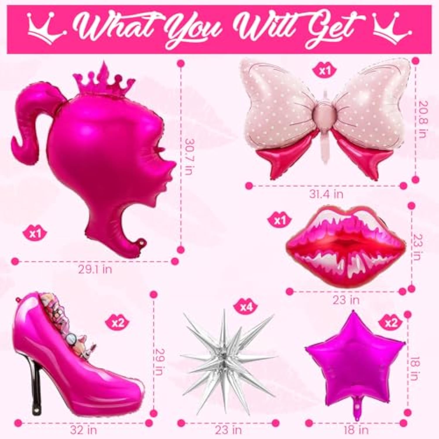 11 Pcs Hot Pink Metallic Balloons Princess Foil Balloons for Pink Themed Parties