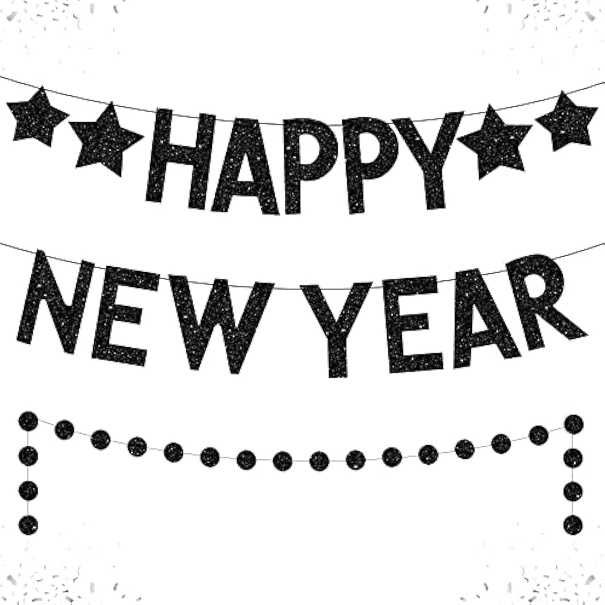 Glitter Happy New Year Banner 10ft Black 2 Strings Party Decor 2026