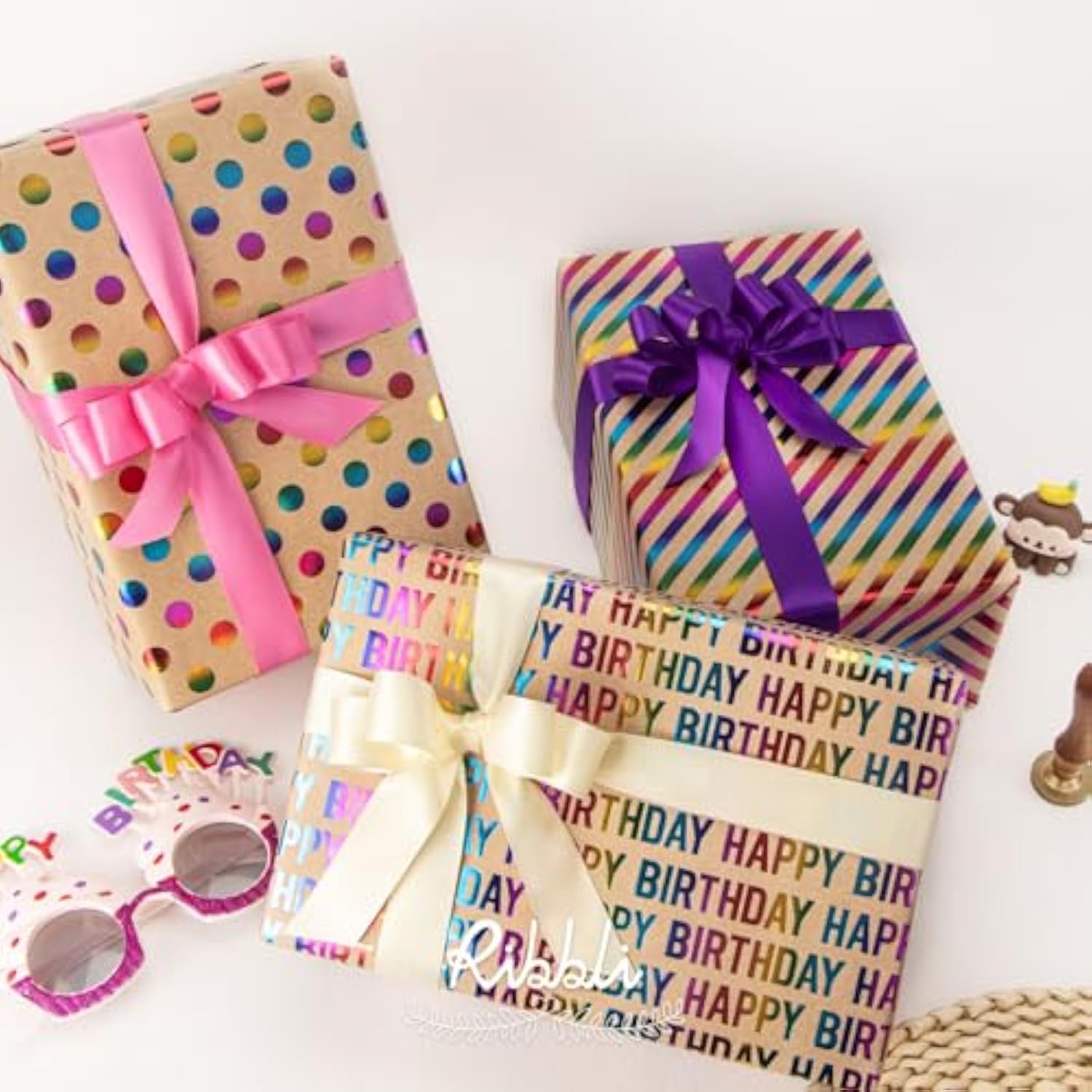 Birthday Kraft Wrapping Paper Iridescent Gift Wrapping Paper Mini Roll, 3 Rolls Happy Birthday Polka Dots Stripes Printed Assortment - 17 Inch X 120 Inch(10Feet) Per Roll