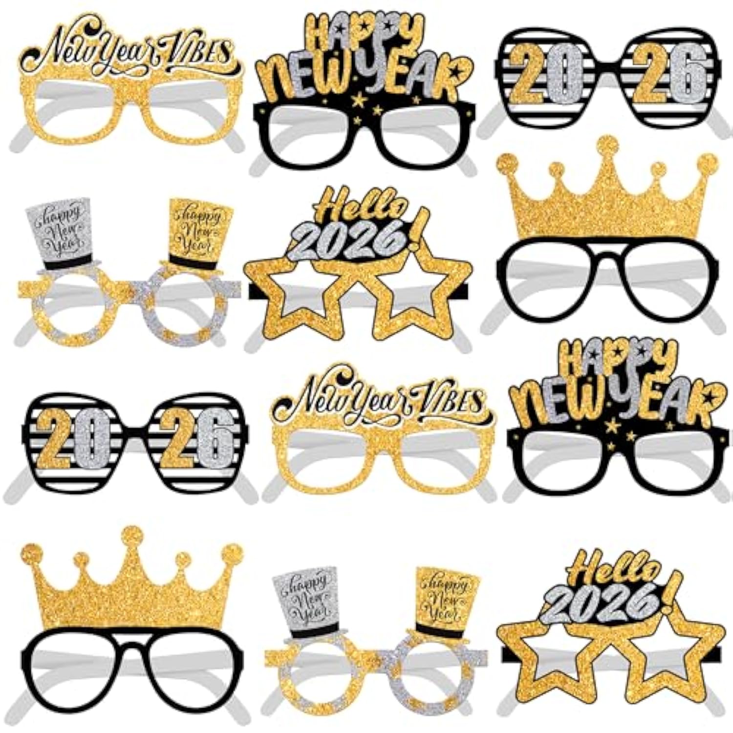12pcs New Year 2026 Glasses Photo Booth Party Favors