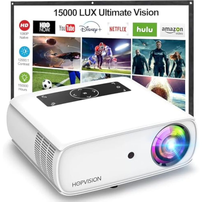 Native 1080P Projector Full Hd, 15000Lux Brightness With 150000 Hours Led Lamp Life, Supports 4K & 350" Display, Home Outdoor Projector For Smartphone/Pc/Laptop/Ps4/Tv Stick/Excel/Ppt