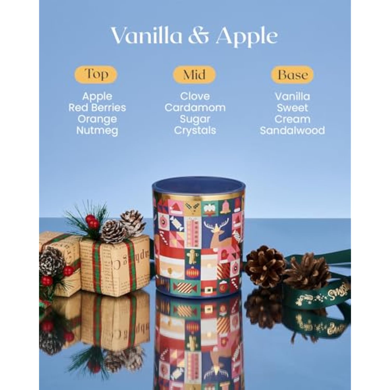 Magic Christmas 55 Hours Vanilla & Apple Scented Natural Soy Wax Candle For Home, 9.9Oz Clean Non Toxic Candle For Bathroom, Christmas Scented Gift For Celebration Holiday