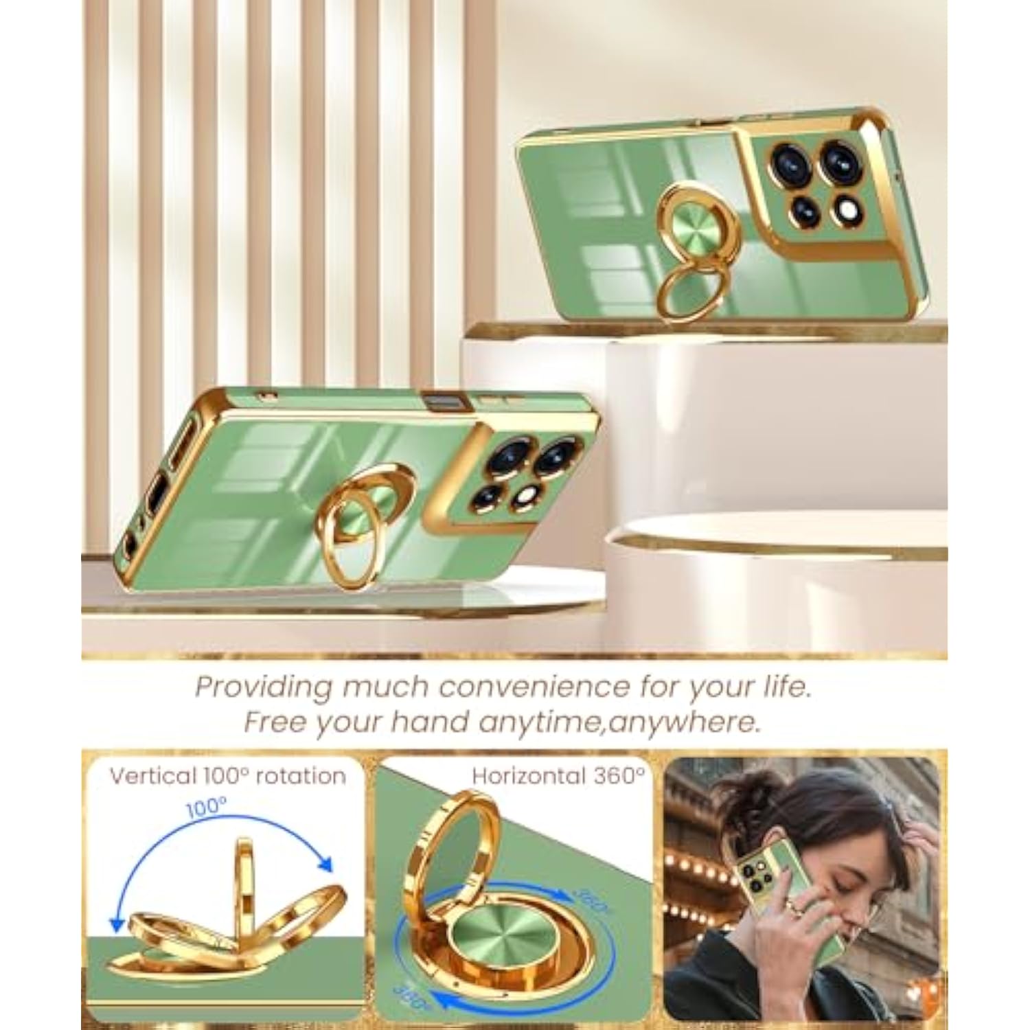 For Motorola G 5G 2025 Case, Moto G 5G 2025 Case,2X Screen Protector, 360° Rotatable Ring Holder Magnetic Kickstand,Plated Gold Edge Slim Soft Tpu Protective Cover (Light Green)