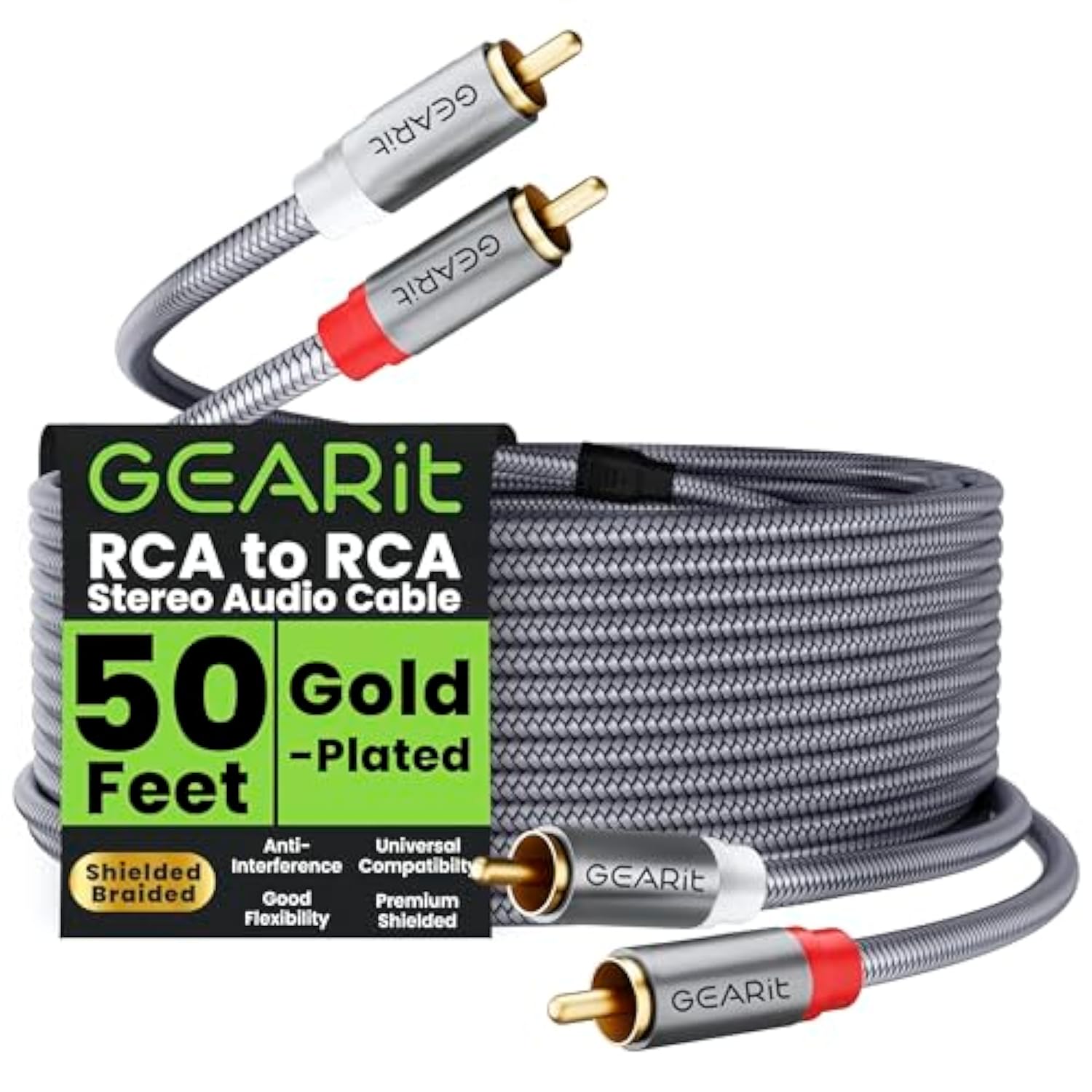 GearIT RCA Cable (50FT) 2RCA Male to 2RCA Male Stereo Audio Cables Shielded Br