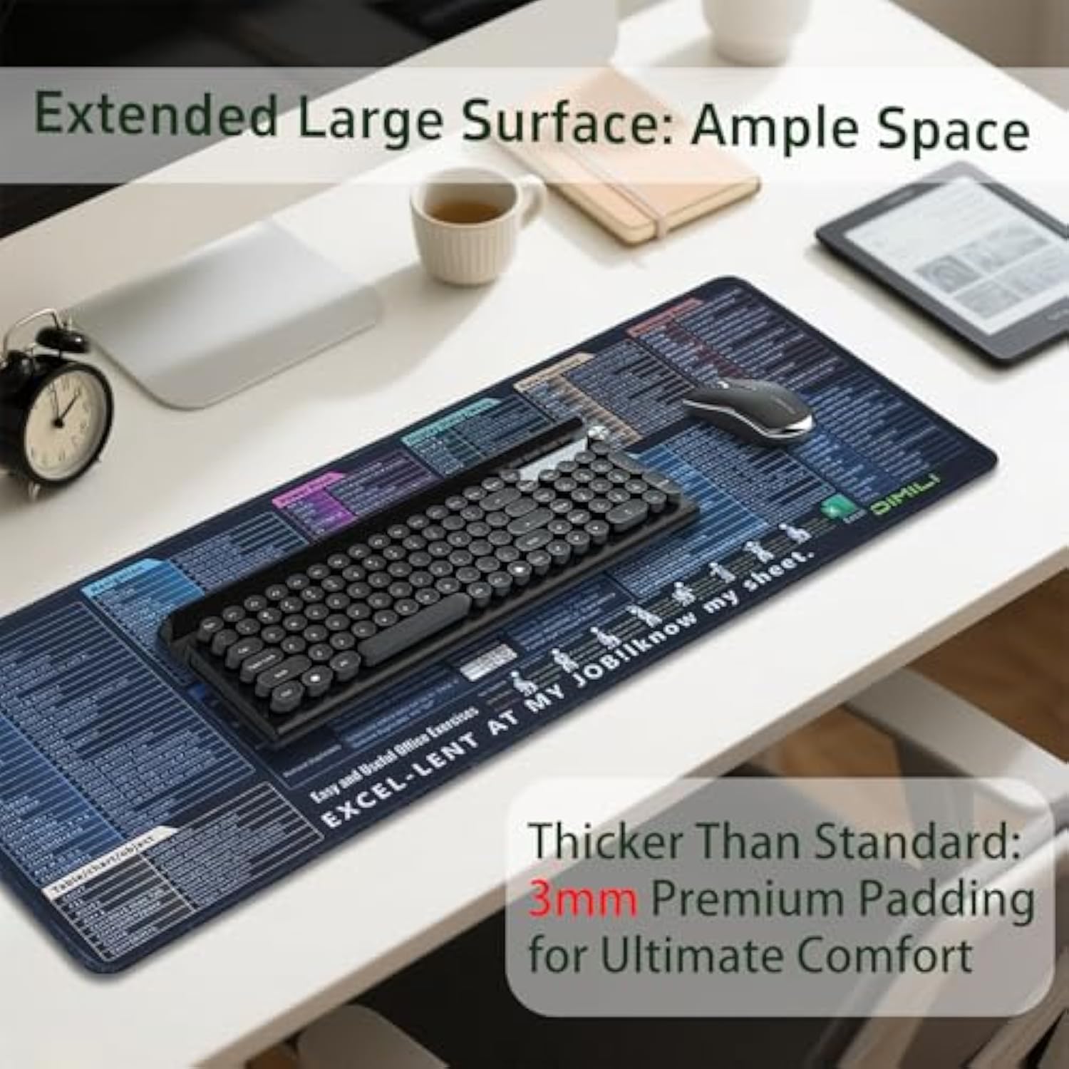 Excel Cheat Sheet Desk Pad - Large Non-Slip Office Mouse Mat With Stitched Edges & Printed Excel Shortcuts | Xl Edition 11.7‘’ X 31''