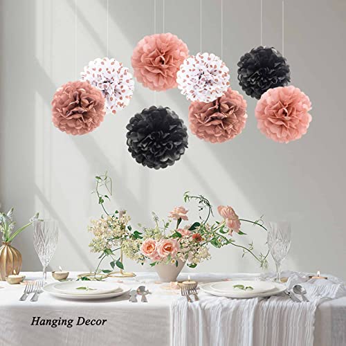 Rose Gold and Black Tissue Paper Pom Poms Party Decorations Flowers Pink Wall Hanging Décor Supplies Birthday Bridal Baby Shower Wedding Graduation