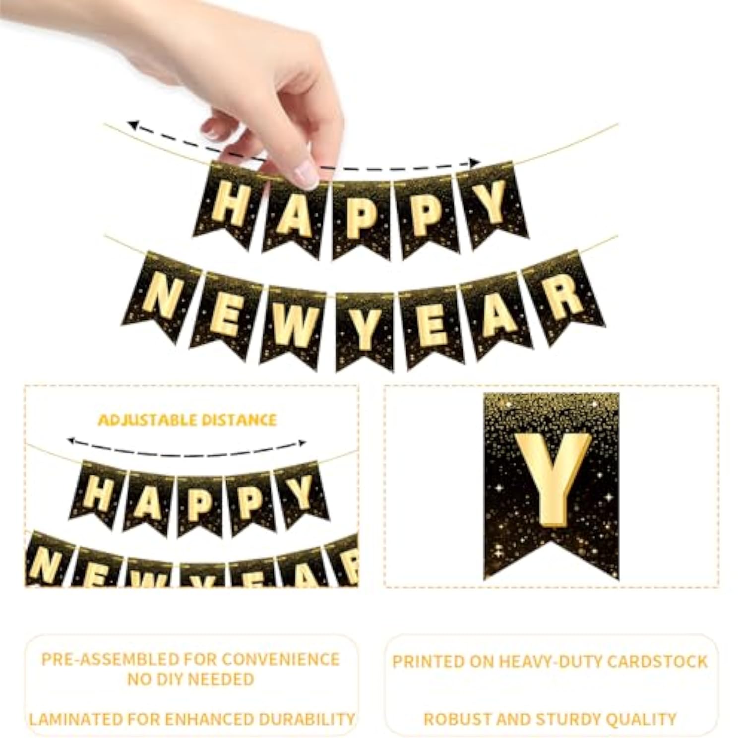 Happy New Year Banner 10ft Black Gold NYE Party Decor