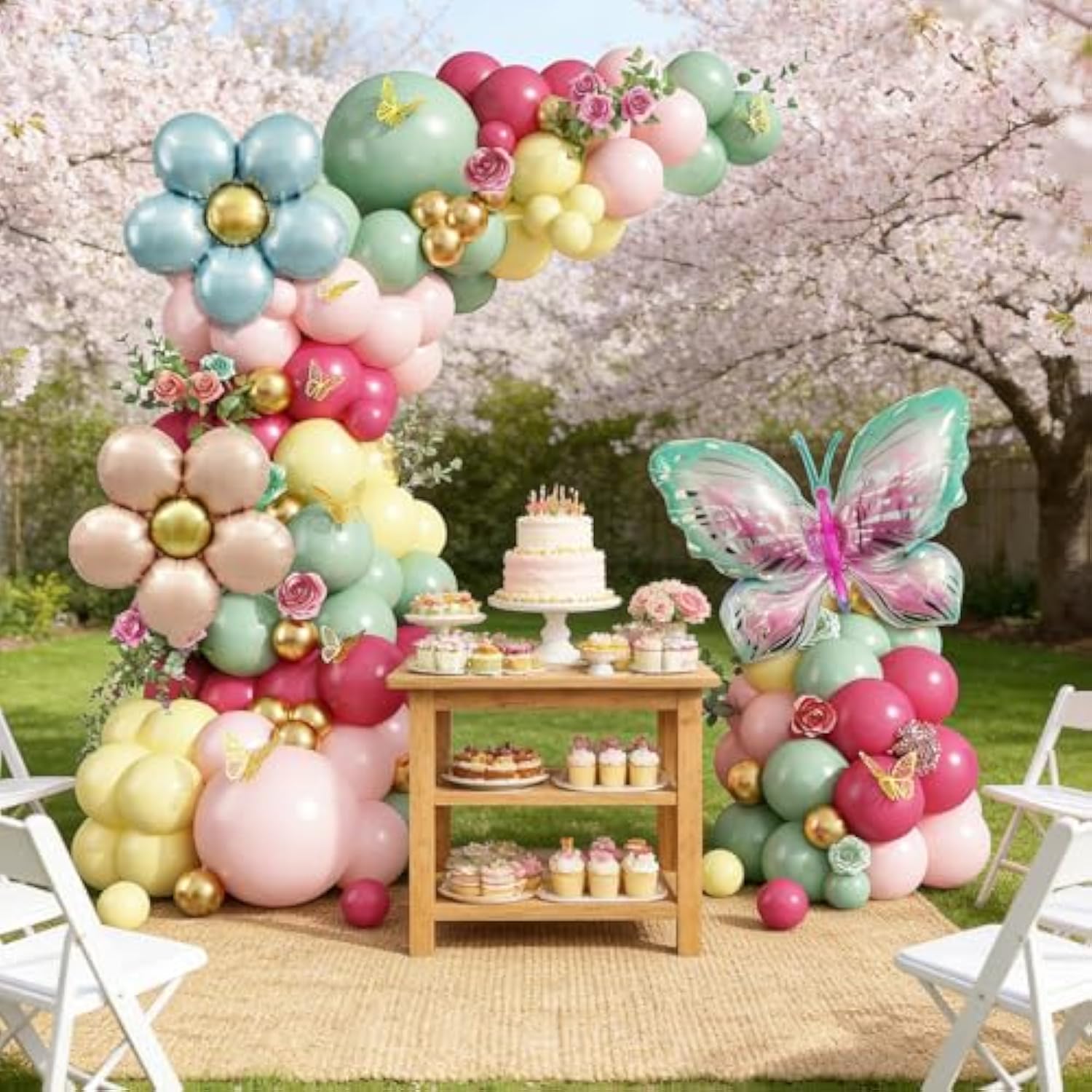 Spring Floral Butterfly Balloon Arch Kit,155Pcs Pastel Rose Red Yellow Pink Green Balloon Garland With 3D Stickers Daisy Butterfly Foil Balloons For Fairy Baby Shower Birthday Tea Party Decorations