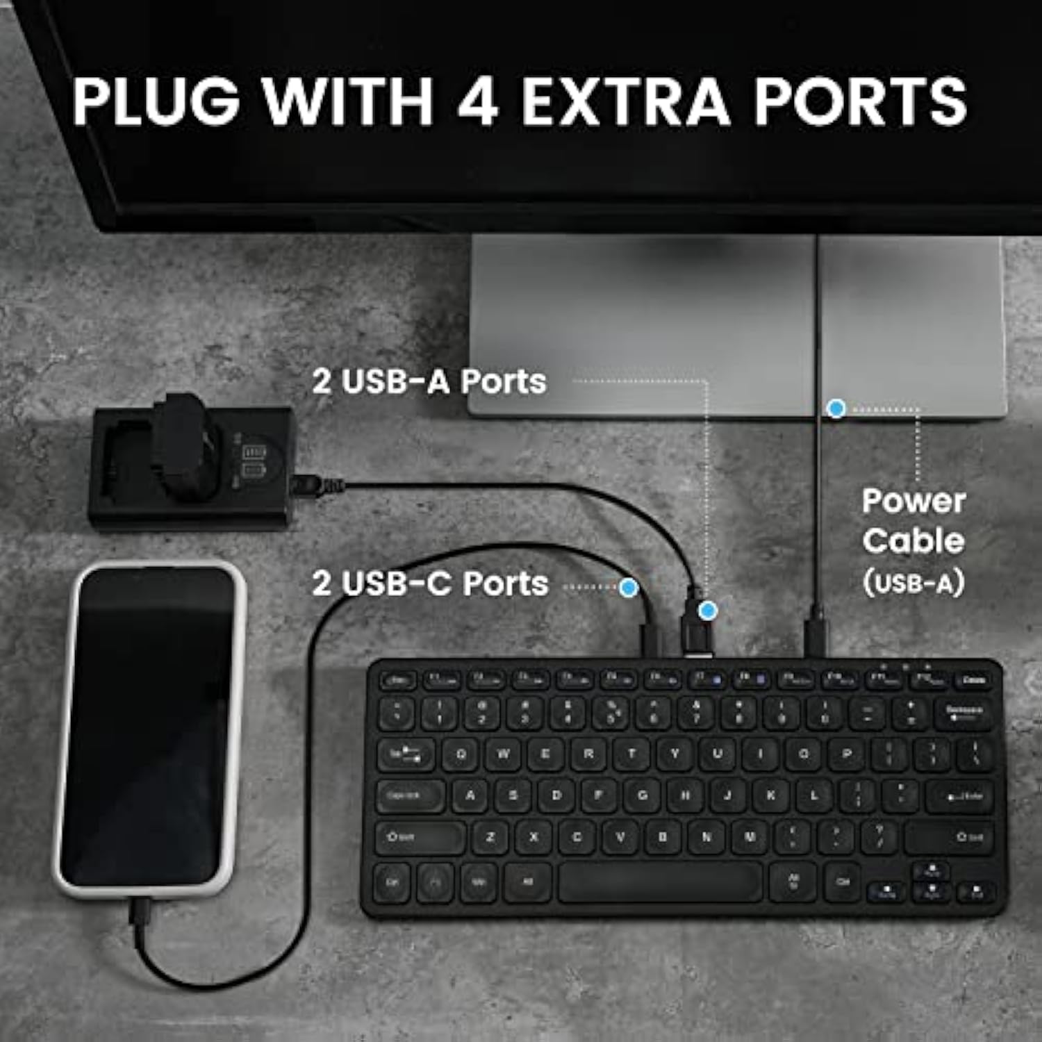 Perixx PERIBOARD-416 Wired Mini USB Keyboard with 4 Hubs - X Type Scissor Keys