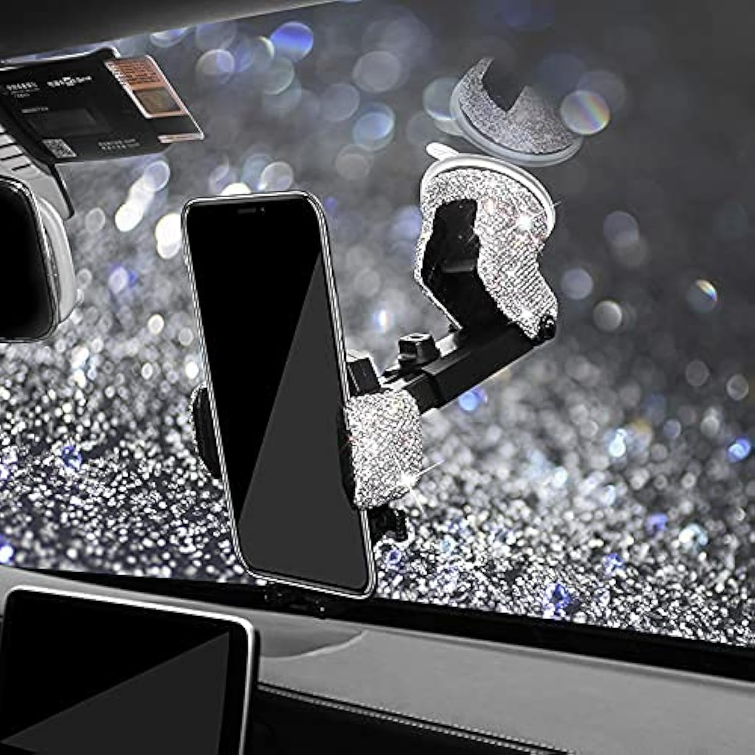 Bling Car Phone Mount Holder,Shiny Crystal Rhinestone Phone Stand For Women And Girls, Car Accessories For Windshield Dashboard,Compatible With Most Cellphones (White)