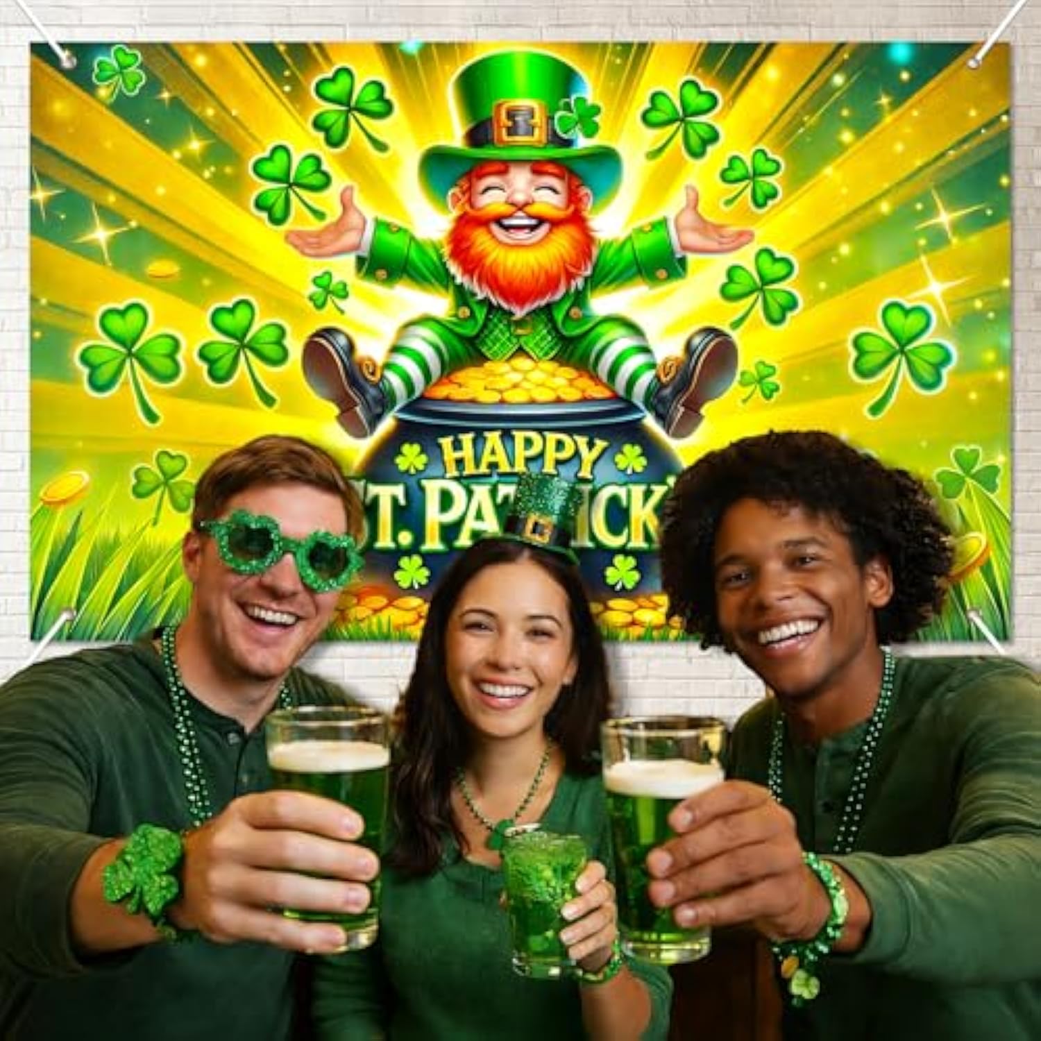 St. Patrick'S Day Banner Happy St. Patrick'S Day Decorations Leprechaun Shamrock Gold Coin For Irish Holiday Party Wall Decor Holiday Photo Background Indoor Outdoor 71X43 Inch