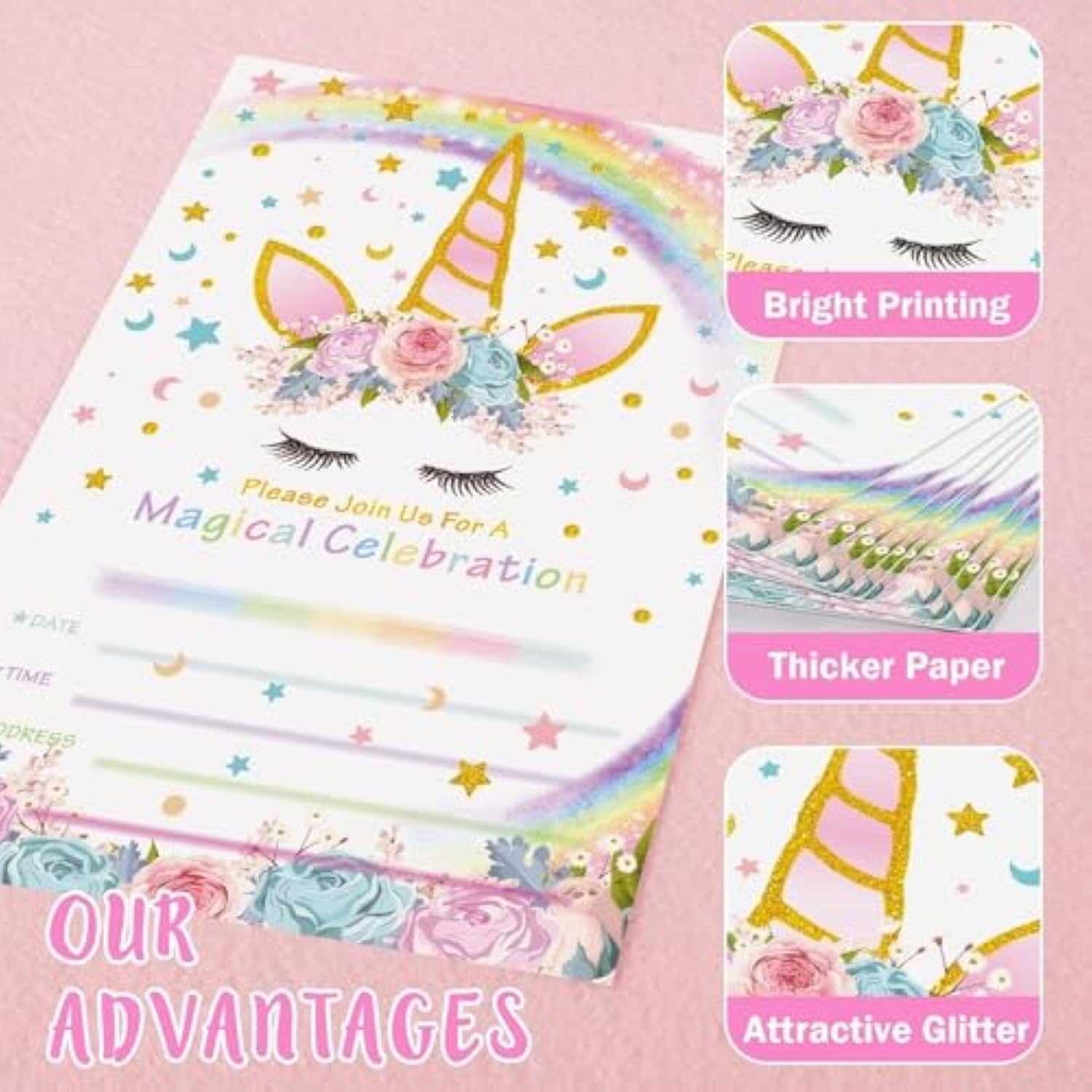 20 Sets Unicorn Party Invitations - Unicorn Party Suppies For Girls Birthday Invitation Cards With Envelopes Fill-In Blank Invite For Kids Summer Baby Shower Decoration