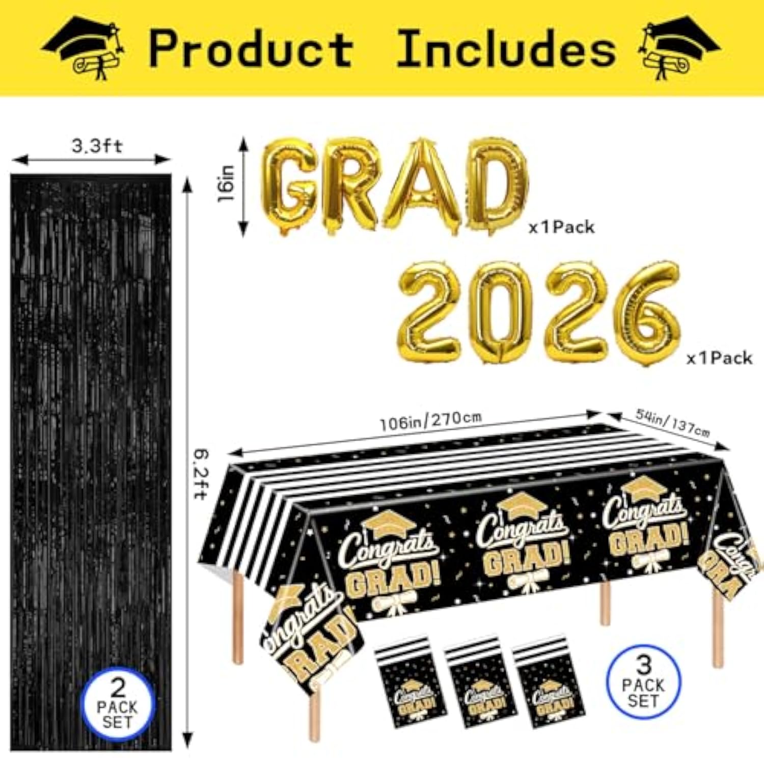 7-Pack Graduation Party Decorations Kit: 3 Black-Gold Graduation Tablecloths (54"X108") + 2 Foil Balloons (2026 & Grad) + 2 Matching Foil Backdrop Curtains, Leakproof & Sturdy