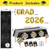 7-Pack Graduation Party Decorations Kit: 3 Black-Gold Graduation Tablecloths (54"X108") + 2 Foil Balloons (2026 & Grad) + 2 Matching Foil Backdrop Curtains, Leakproof & Sturdy