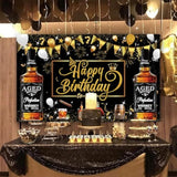 Whiskey Birthday Party Decorations, Aged To Perfection Banner Backdrop, Black And Gold Happy Birthday Banner For Men, Party Supplies