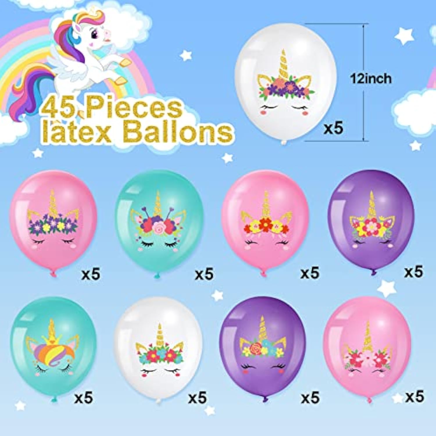 45 Pieces Unicorn Latex Balloons Arch Kit Column Garlands Balloons For Girls Birthday Unicorn Themed Baby Shower Ideal Party Decorations Supplies