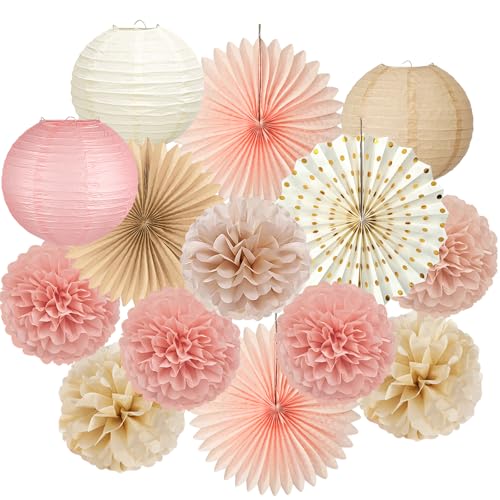 14 Pcs Champagne Pink & Brown Party Decorations, Boho Paper Lanterns