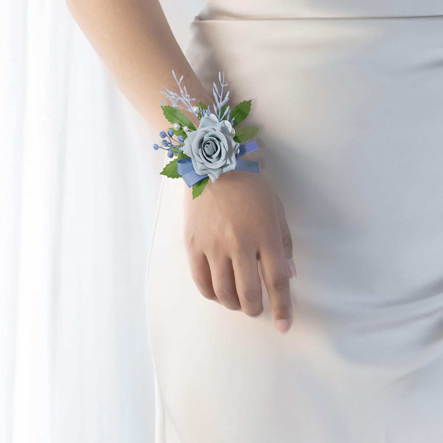 Flower Wrist Corsage Boutonniere Dusty Light Blue Rose For Wedding Bride Bridesmaid Groom Groomsmen Parents Lapel Flower Prom Homecoming Formal Dinner Father Daughter Dance (Light Blue Wrist Corsage)