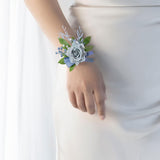 Flower Wrist Corsage Boutonniere Dusty Light Blue Rose For Wedding Bride Bridesmaid Groom Groomsmen Parents Lapel Flower Prom Homecoming Formal Dinner Father Daughter Dance (Light Blue Wrist Corsage)