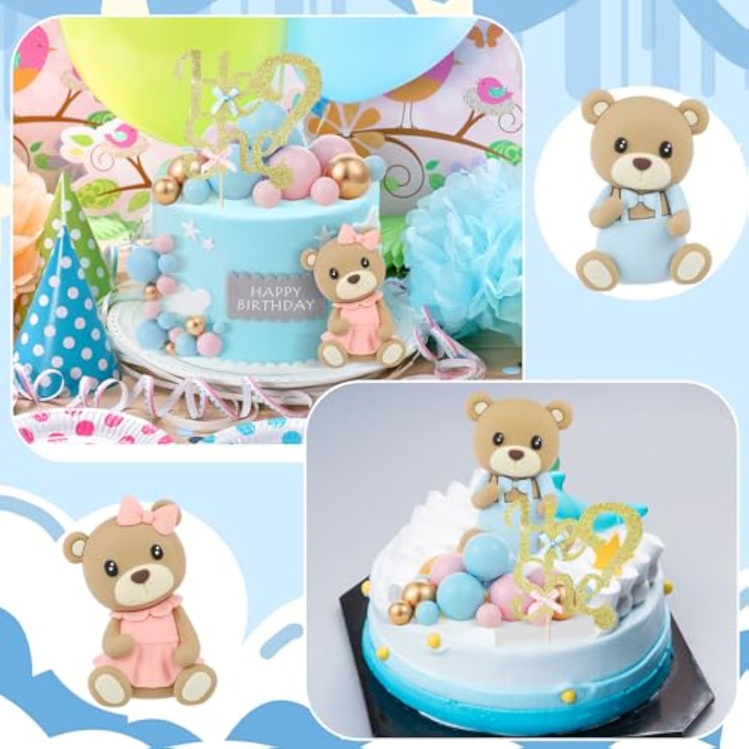 19 Pcs Gender Reveal Cake Topper Set, Includes He Or She Cake Topper Assorted Sizes Ball Picks Cookie Insert Topper Blue Pink Cupcake Topper For Boys And Girls Gender Reveal Baby Shower(Bear)