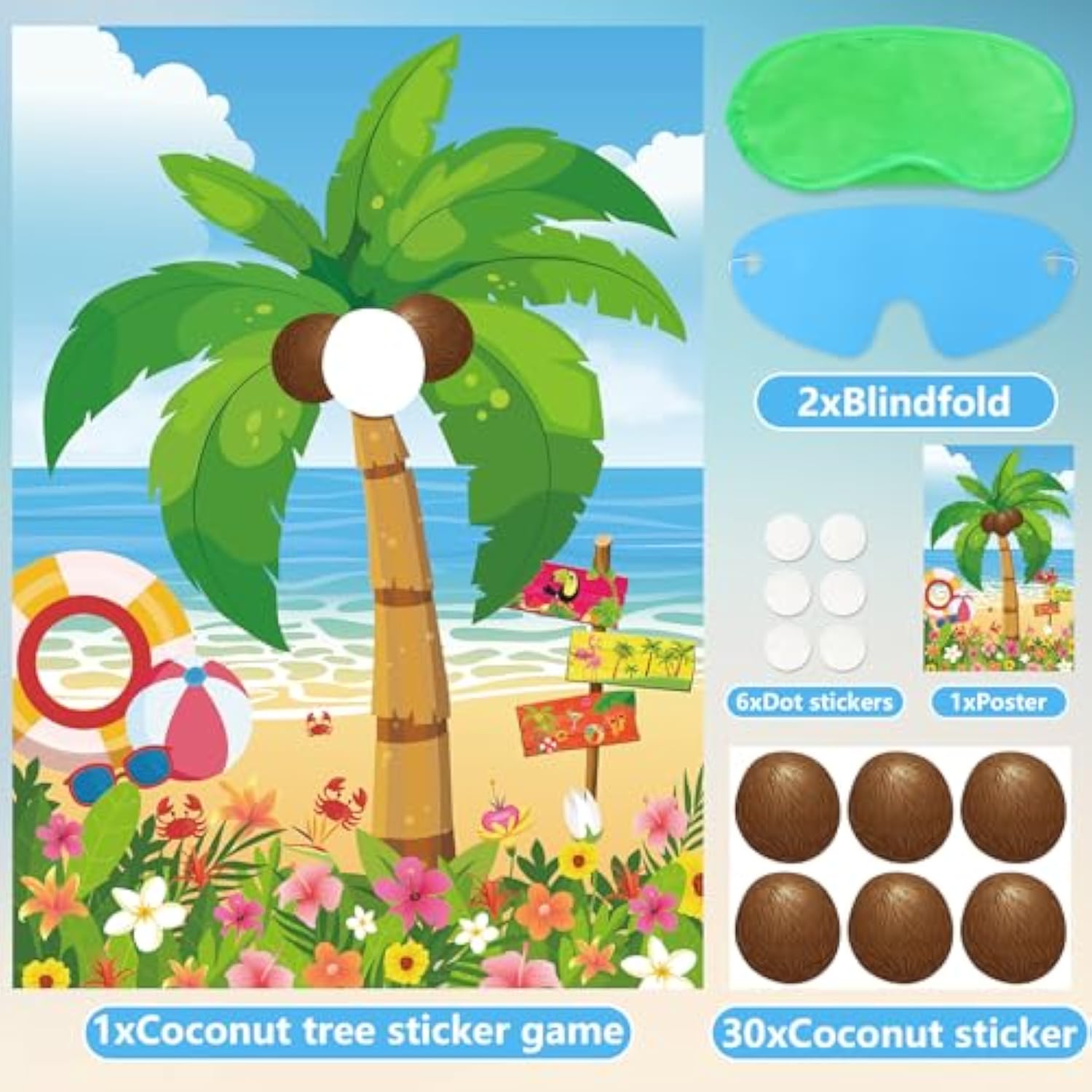 Hawaiian Luau Party Games For Kids Birthday Pin The Coconut On The Palm Tree For Summer Tropical Tiki Luau Party Supplies Decorations, Large Hawaiian Pin The Games Poster With 30 Coconut Stickers