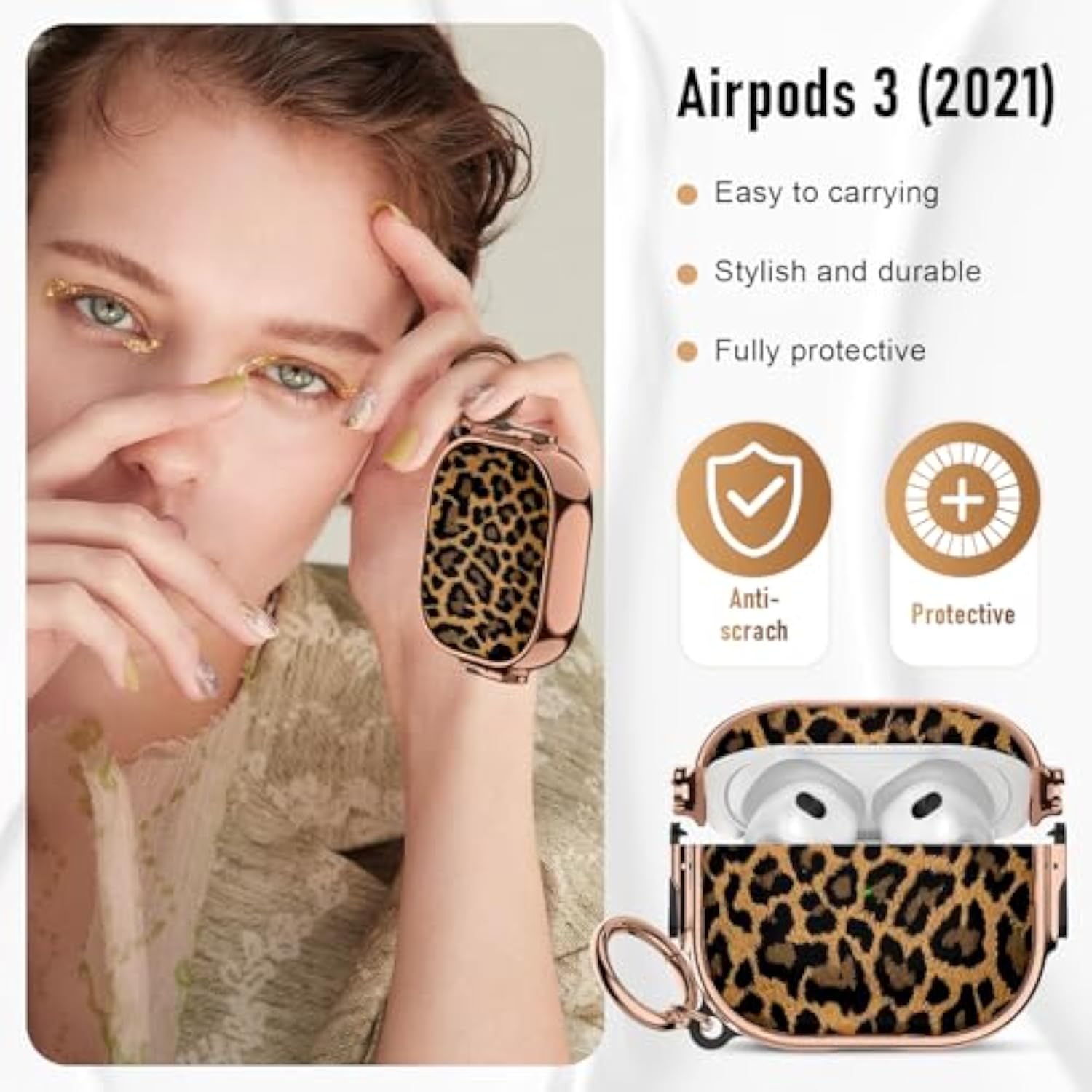 For Cute Airpods 3 Case (2021) With Safety Lock,Compatible Leopard Print Airpod 3Rd Generation Case For Women Girly With Keychain-Gold