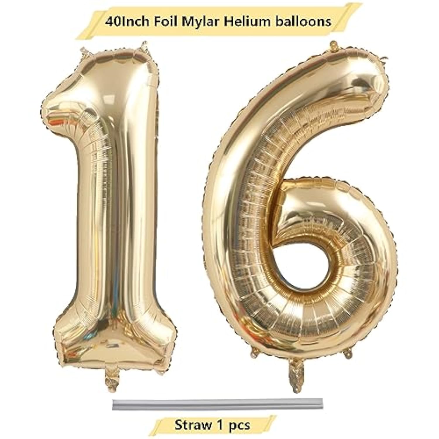 40" Light Gold Number 16 Balloon, White Gold Foil Mylar Jumbo Digital Balloon Decor