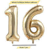 40" Light Gold Number 16 Balloon, White Gold Foil Mylar Jumbo Digital Balloon Decor
