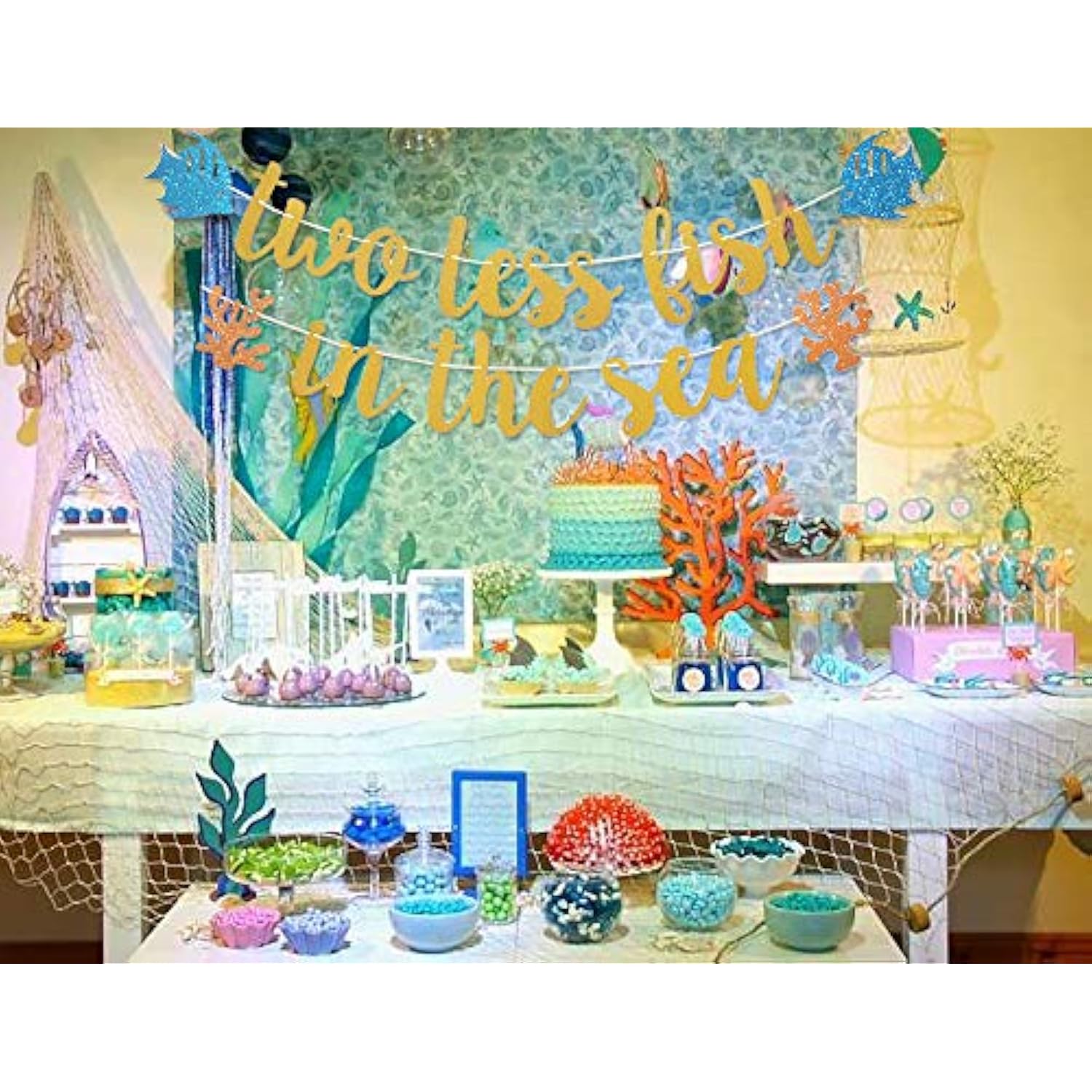 Two Less Fish In The Sea Gold Glitter Banner For Nautical Sea Theme Engagement Party Beach Wedding Anchor Cruise Banner Decorations