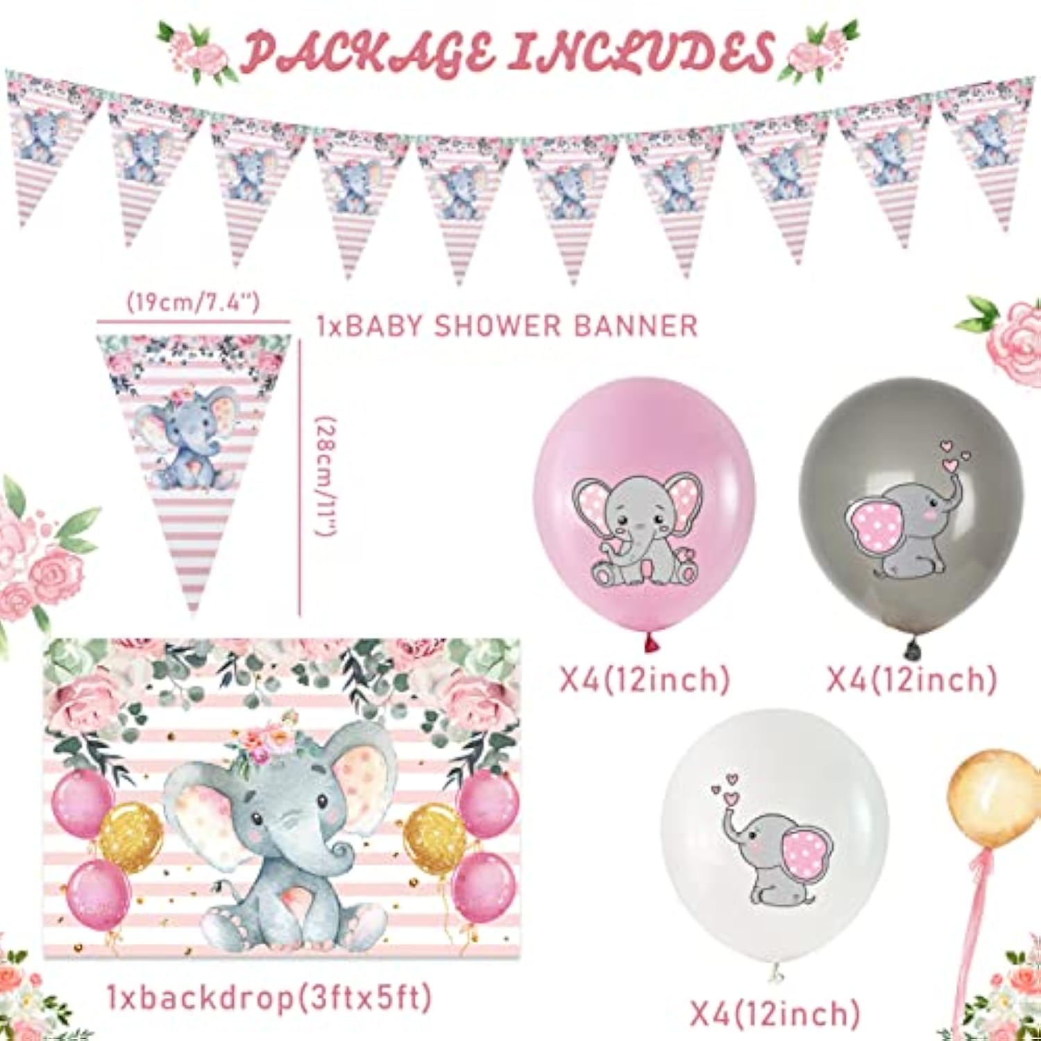 Elephant Baby Shower Decorations For Girl, Elephant Theme Tablecloths, Balloons, Backdrop, Banner, Plates, Napkins, Paper Cups, Forks For Birthday Party Decorations| Pink Grey White
