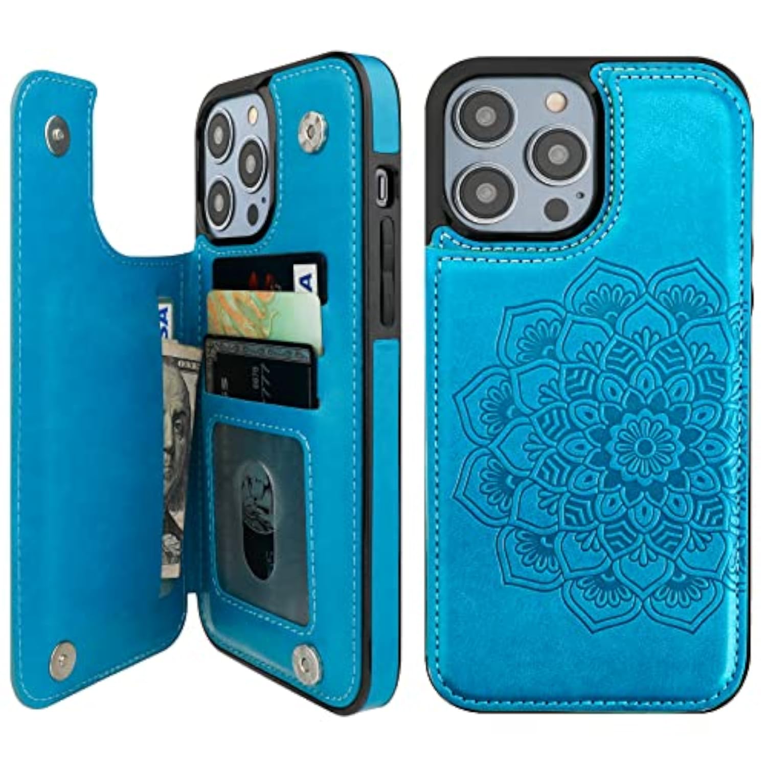 Mandala Pattern PU Leather Wallet Case for iPhone 14 Pro Max with Card Holder and Double Buttons, 6.7 Inch, Blue