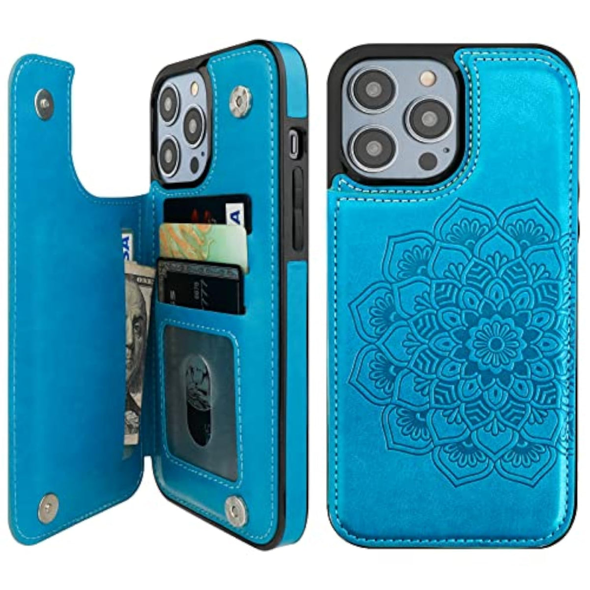 Mandala Pattern PU Leather Wallet Case for iPhone 14 Pro Max with Card Holder and Double Buttons, 6.7 Inch, Blue