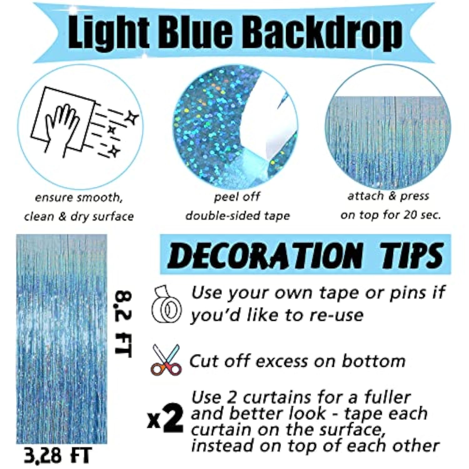 4 Pack Light Blue Fringe Curtain Backdrop, 3.2Ft X 8.2Ft Sparkle Metallic Tinsel Foil Fringe Streamers Background For Photo Booth Birthday Wedding Baby Shower Party Thanksgiving Christmas Decorations