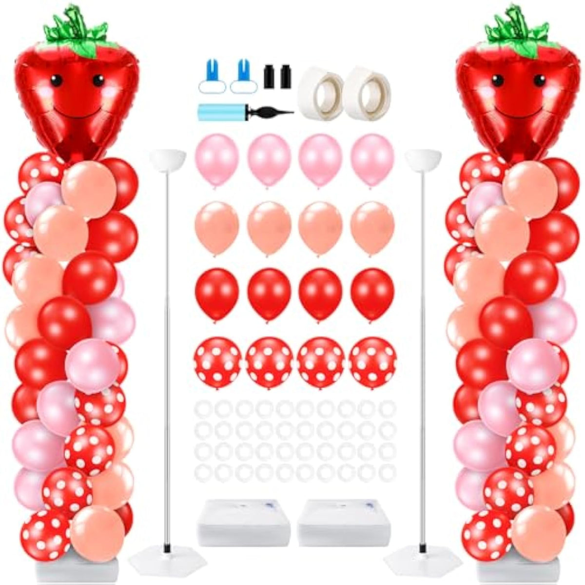 2 Set Strawberry Party Balloon Column Stand Kit Strawberry Red And Pink Foil Balloons Arch Garland Kit For Berry Sweet First Theme Baby Shower Birthday Party Decorations