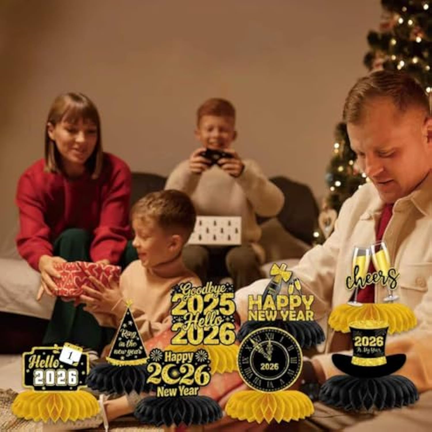 2026 New Year Honeycomb Centerpieces 8pcs Black Gold Table Toppers