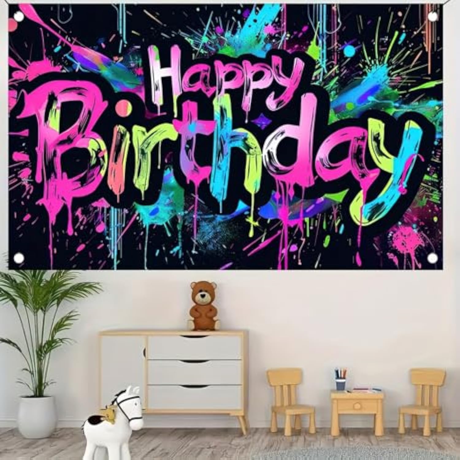 Neon Happy Birthday Banner - 71X43 Photography Backdrops, Party Background Decorations, Colorful Graffiti Splash Paint Kids Birthday Supplies, Glow In The Dark