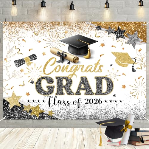 71x43 Inch Graduation Backdrop Black Gold Congrats Grad Class of 2026 Decorations Congratulations Graduates Photography Background Large Graduation Party Decorations Banner Photo Booth Props